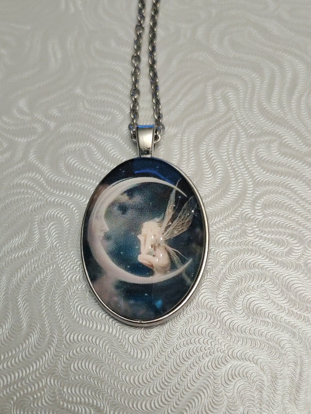 Silver Fairy on Moon Pendant Necklace - Blue 18" Chain